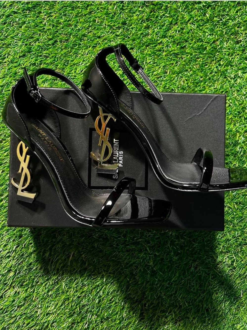 Saint Laurent Black Patent YSL Logo Heel Ankle-Strap Sandals